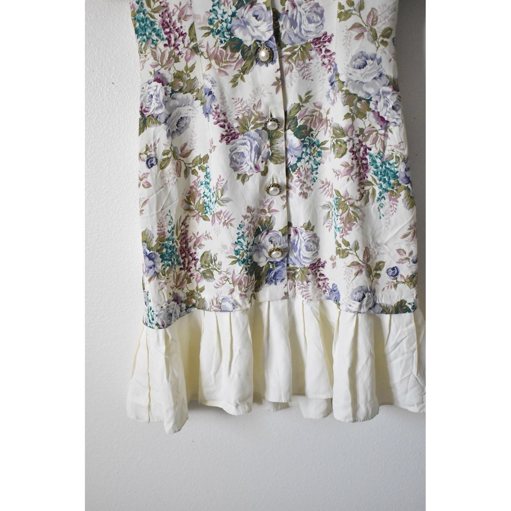 Byer Too! Floral Mini Dress Women 5 Cream 90s Vintage Ruffle Pearl Button - Picture 3 of 7